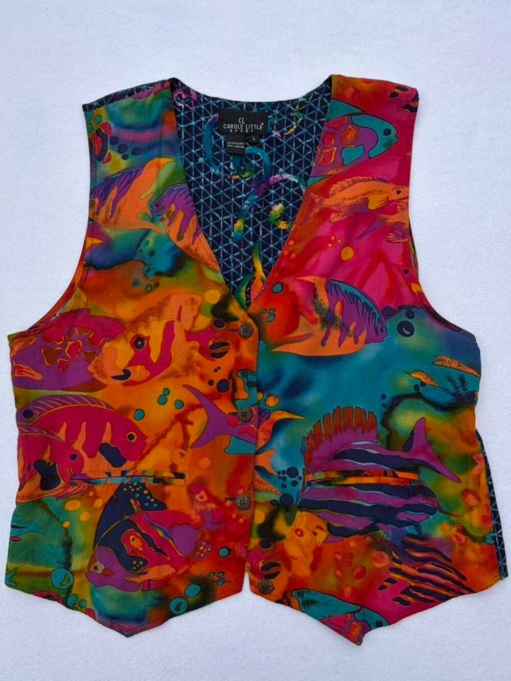 Vintage Carole Little Colorful Tropical Fish Ocean Vest Sz L 90s Retro Eccentric
